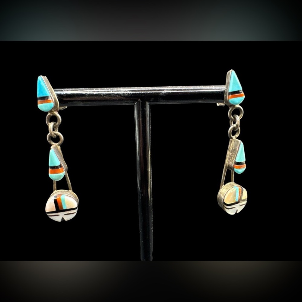 Vintage Sterling Silver Native American Zuni Pierced Earrings 1.75” - Picture 2 of 6